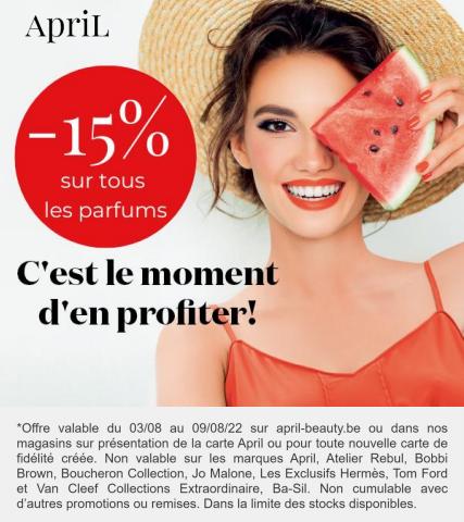 Promos de Parfumeries et Beauté à Mons | -15% sur tous les parfums sur April Beauty | 05/08/2022 - 08/08/2022